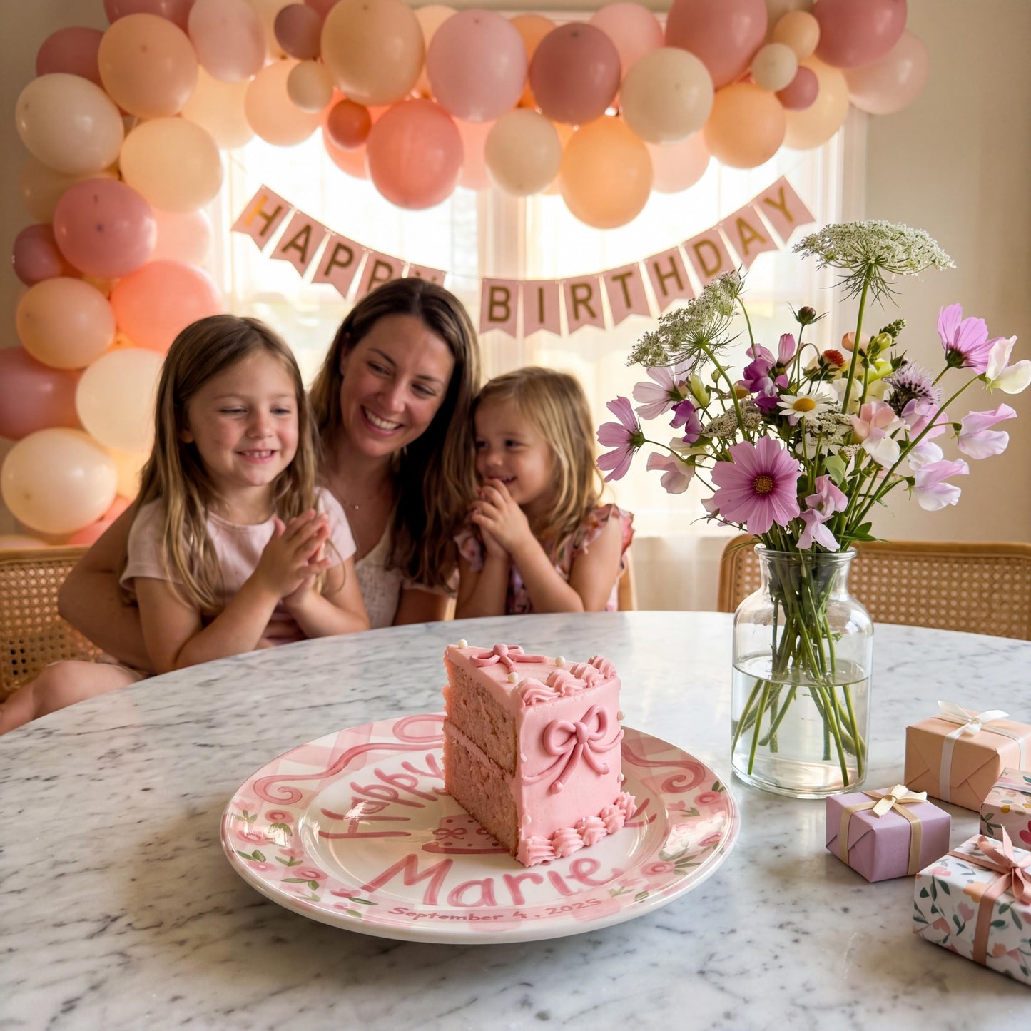 Personalized Birthday Plate – Pink Gingham Bow, Floral & Cake Design | B069