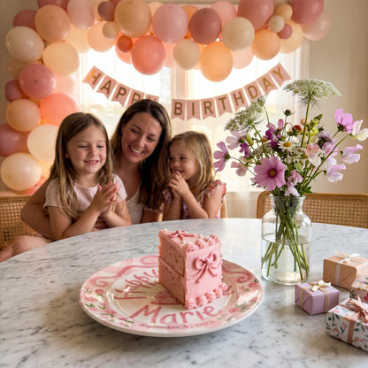 Personalized Birthday Plate – Pink Gingham Bow, Floral & Cake Design | B069