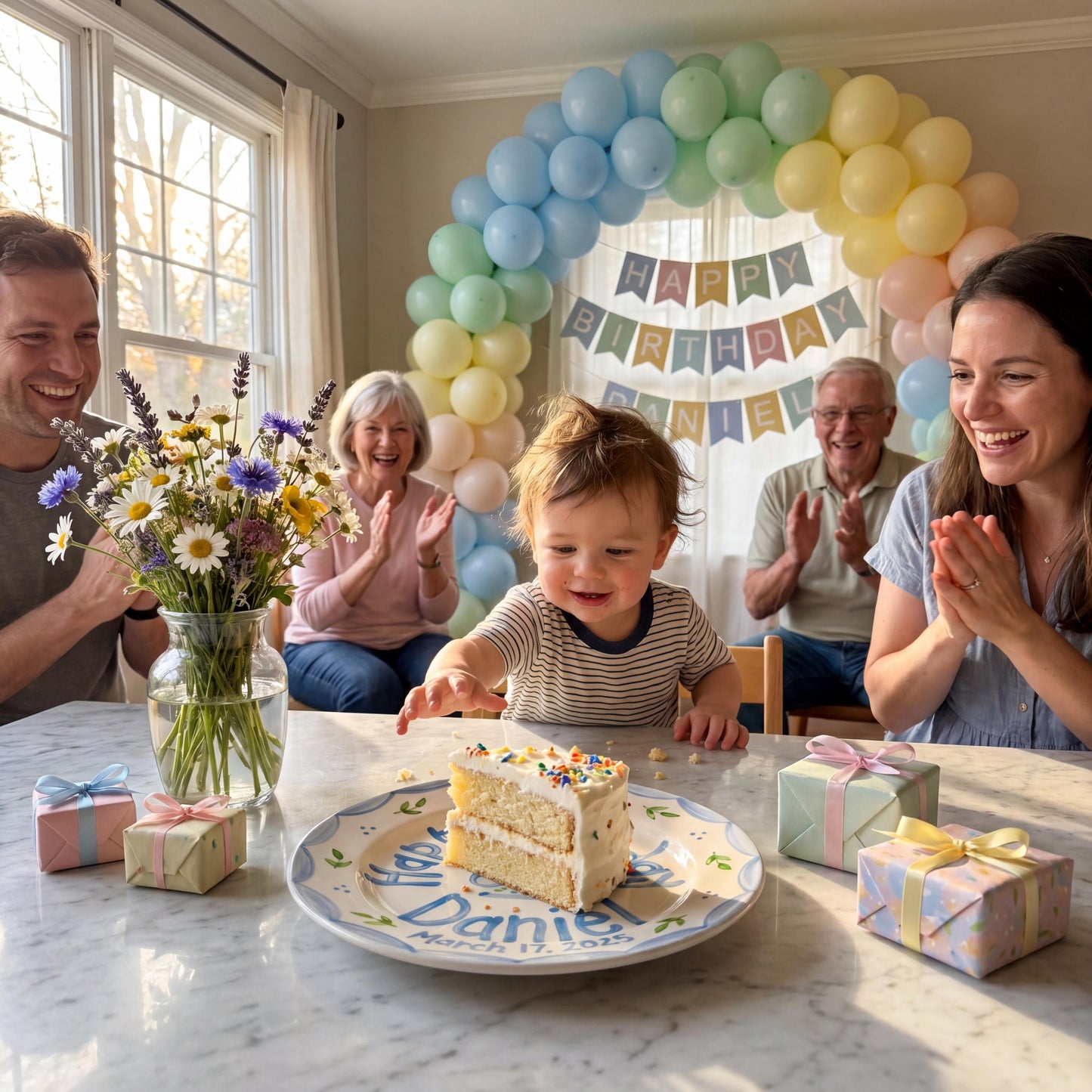 Personalized Birthday Plate – Blue Scalloped Border, Leaf Sprigs & Cake Design | B046