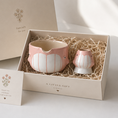 Cute Pink Dolphin Ceramic Matcha Bowl and Whisk Holder Set – Handcrafted Pastel Matchawan • HX13