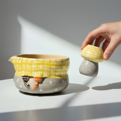 Handmade Cozy Hiding Cat Ceramic Matcha Bowl Set | Kawaii Plaid Tea Set • HX56