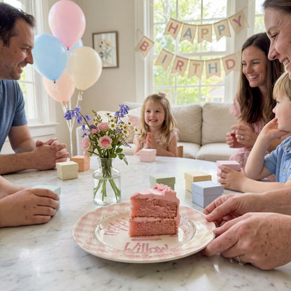 Personalized Birthday Plate – Pink Gingham Floral Wreath & Cake Design | B065