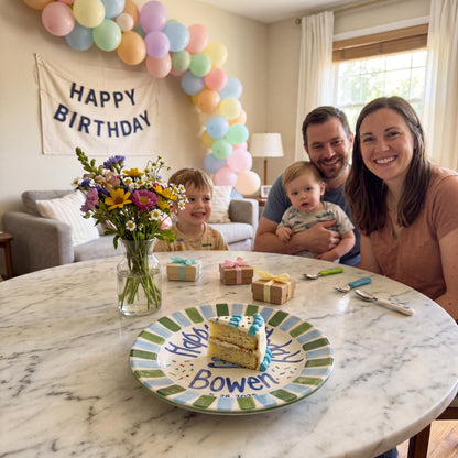 Personalized Birthday Plate – Green & Blue Stripe Cake & Candy Sprinkles Design | B067