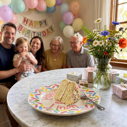 Personalized Birthday Plate – Pink Cake & Colorful Sprinkle Border Design | B055