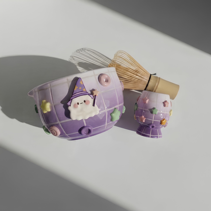 Purple Grid Matcha Bowl Set, Handmade Magic Ceramic Chawan, Whimsical Tea Bowl, Fantasy Matcha Gift | Handmade Ceramic Chawan | LA030