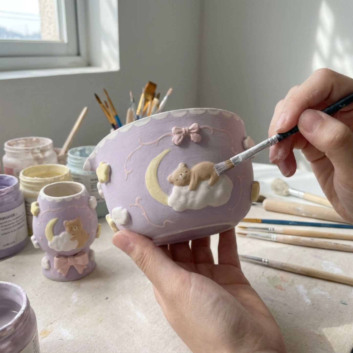 Lavender Dream Teddy Bear & Crescent Moon 3D Handcrafted Ceramic Matcha Bowl and Whisk Holder Set • HX27