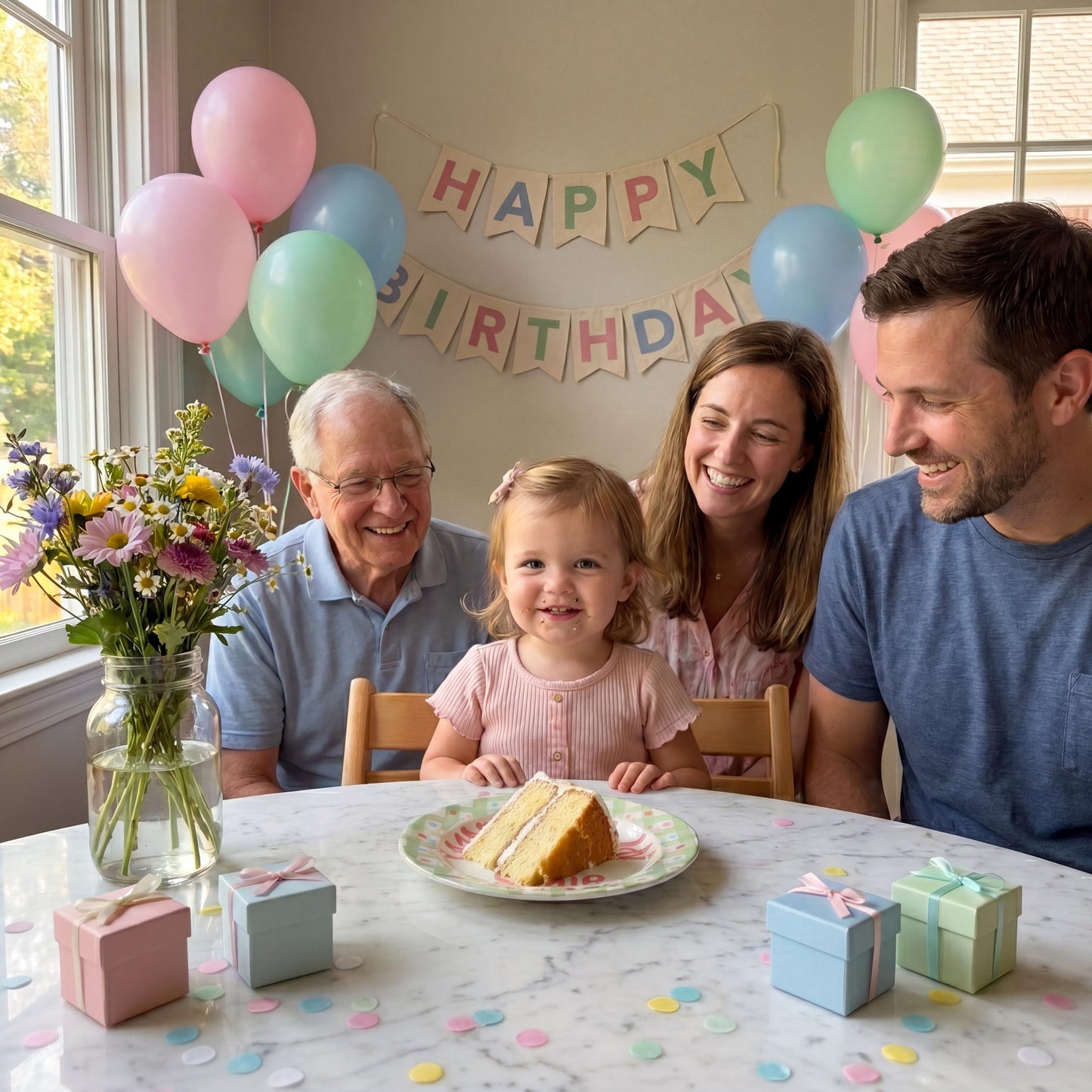 Personalized Birthday Plate – Green Gingham, Flowers & Pink Cake Design | B066