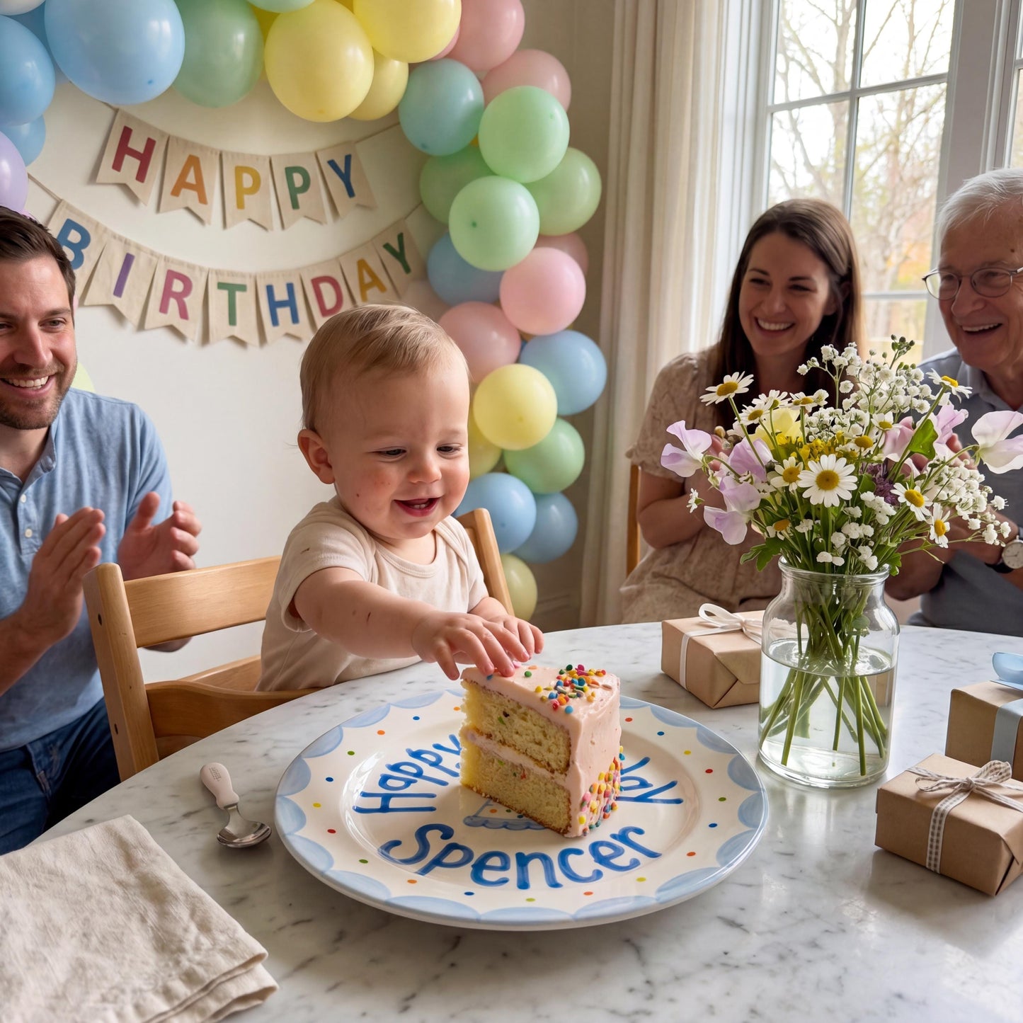 Personalized Birthday Plate – Polka Dot Party Hat & Blue Scalloped Border Design | B053