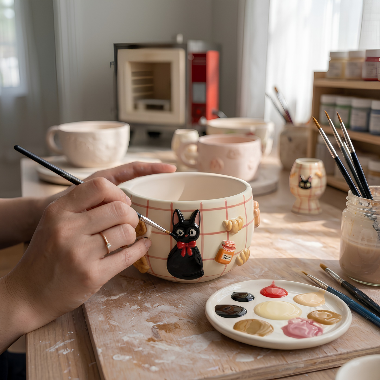 Checkered Jiji Cat Matcha Bowl | Handmade Ceramic Chawan | LA019
