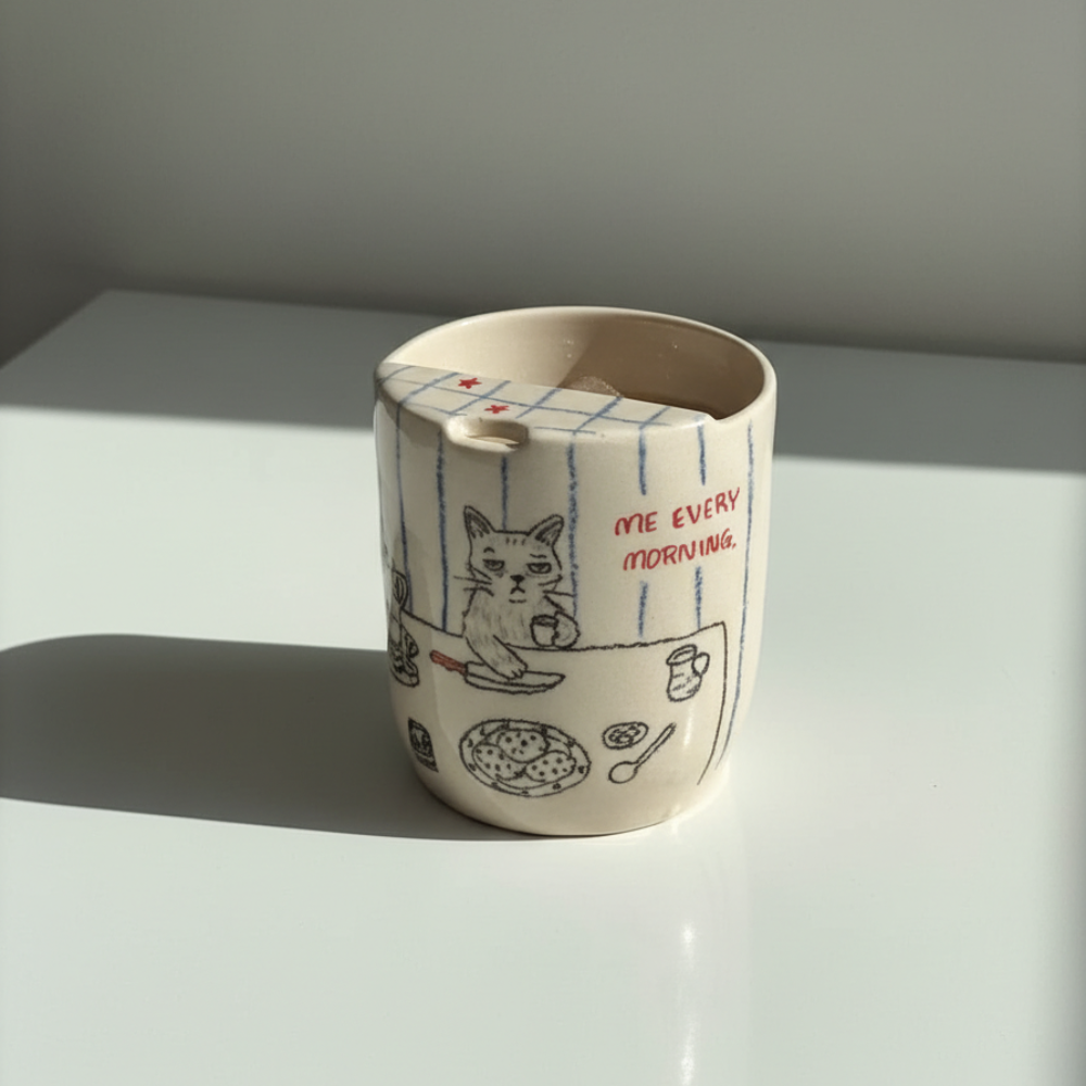 Handcrafted Ceramic Travel Mug with Built-in Lid, "Watch a Sad Movie" Cute Crying Cat Commuter Cup • HX23