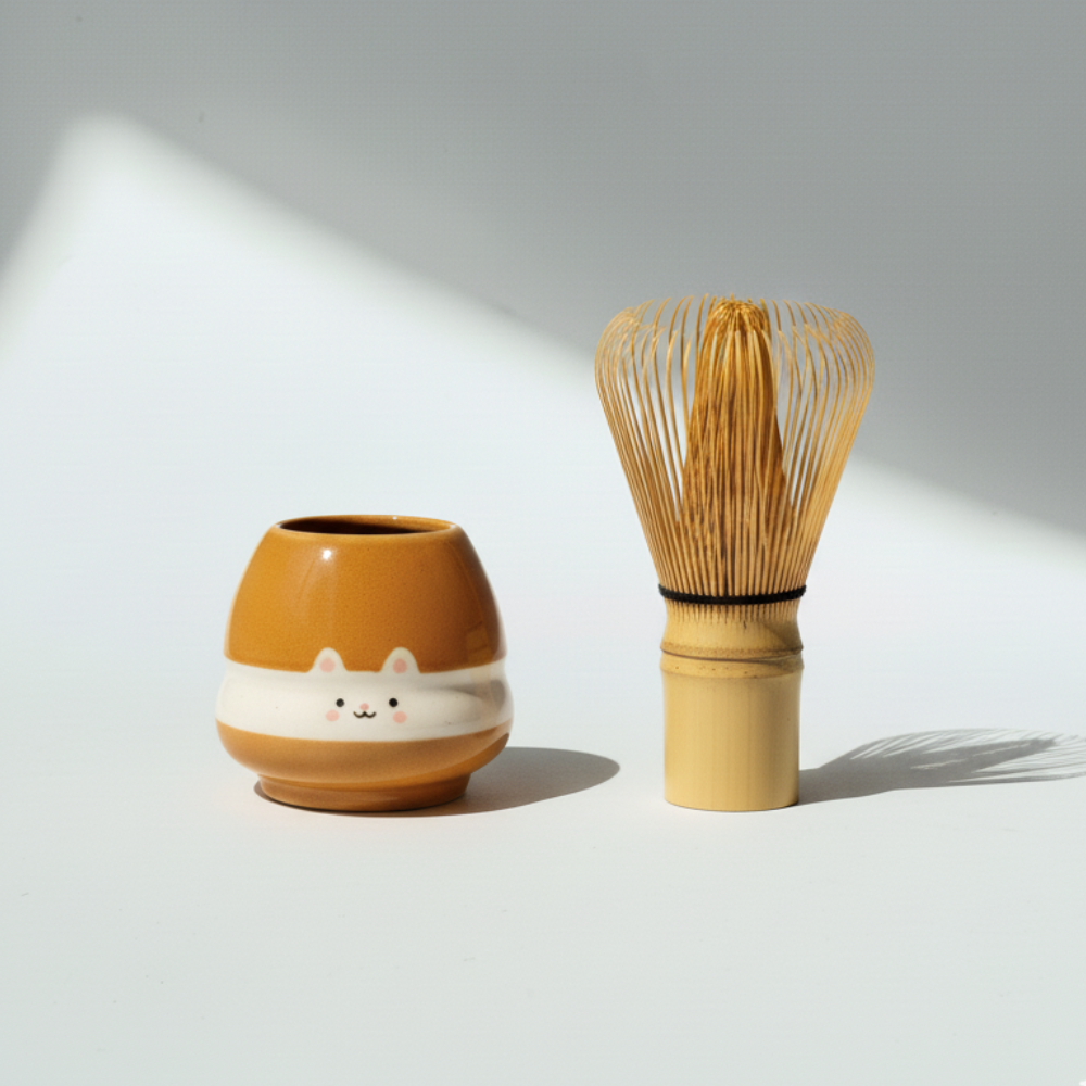Handmade Cute Toast Bear Cream Sandwich Ceramic Matcha Bowl Set | Spouted Chawan & Whisk Holder • HX57