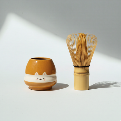 Handmade Cute Toast Bear Cream Sandwich Ceramic Matcha Bowl Set | Spouted Chawan & Whisk Holder • HX57