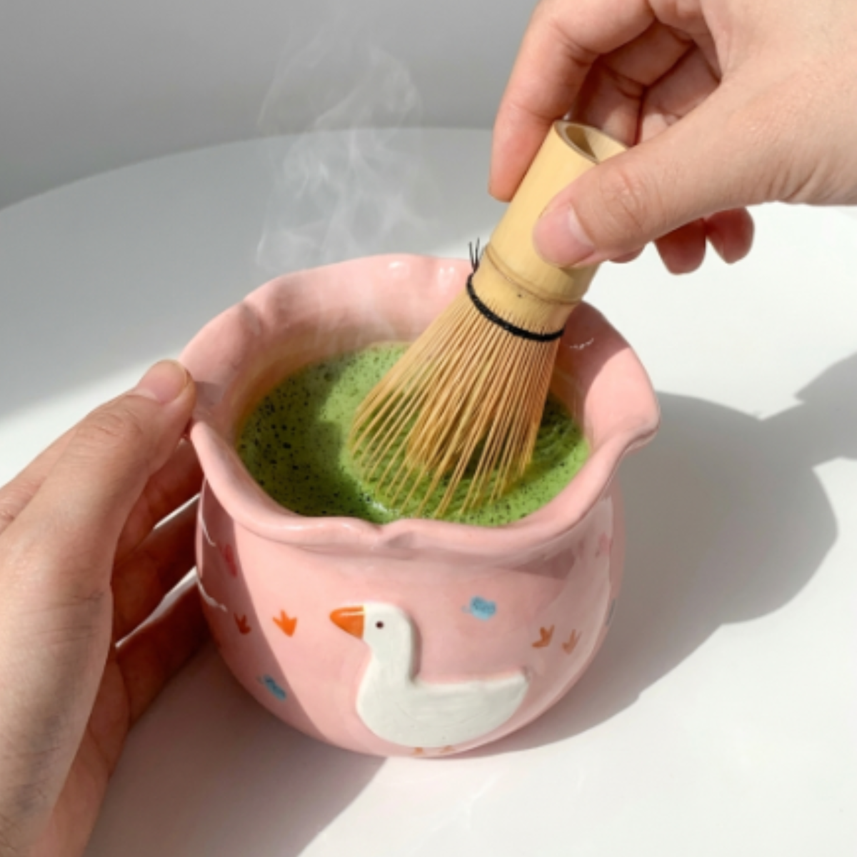 Cute White Duck Pink 3D Ceramic Matcha Bowl and Whisk Holder Set • HX01