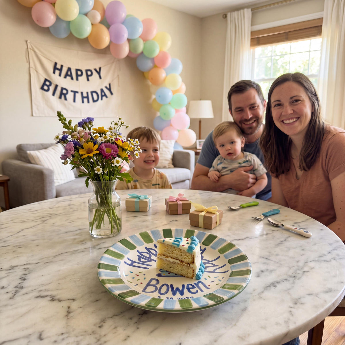 Custom Name Birthday Plate – Blue and Green Stripe Cake Design | B067
