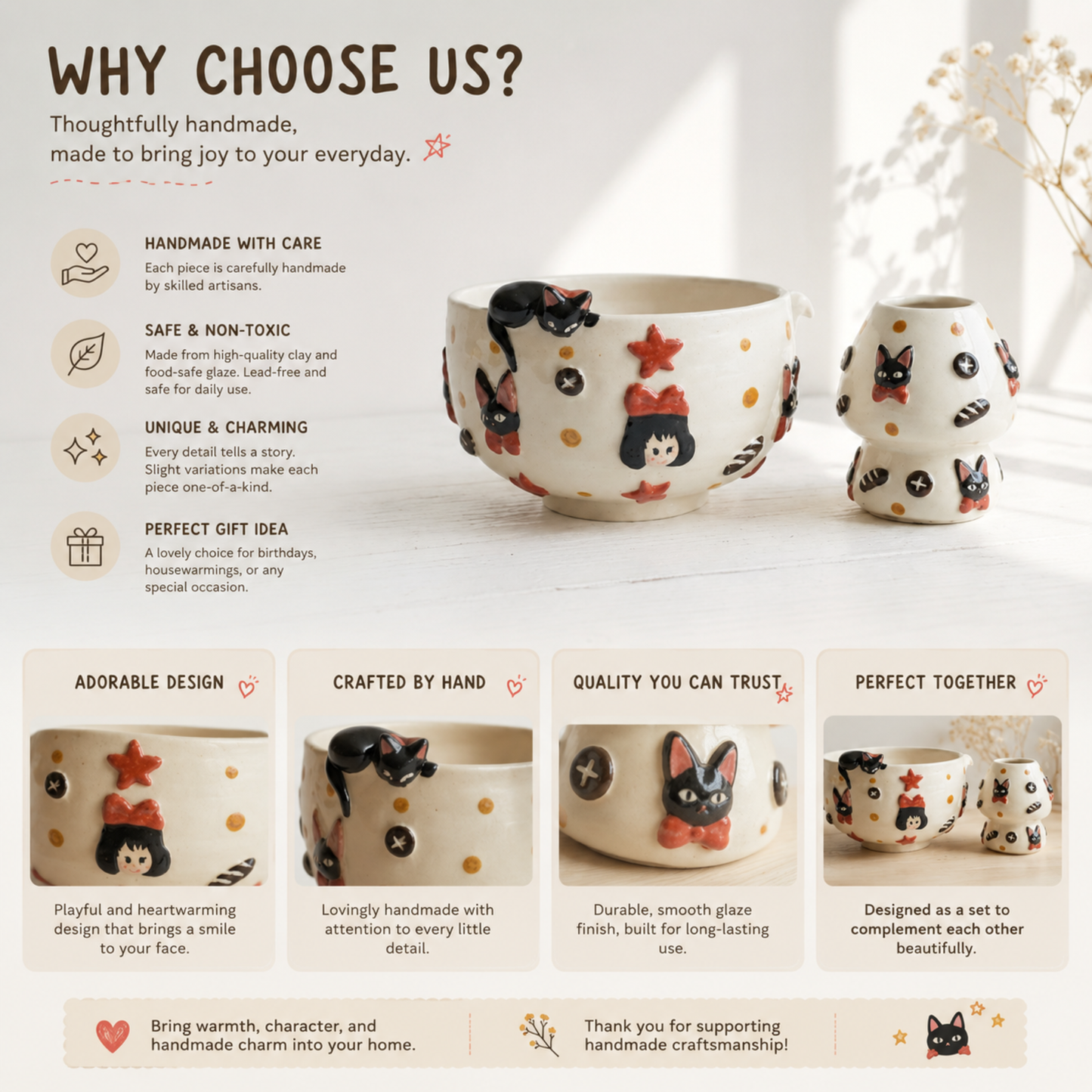 Kiki's Delivery Service 3D Handcrafted Ceramic Matcha Bowl and Jiji Whisk Holder Set • HX12