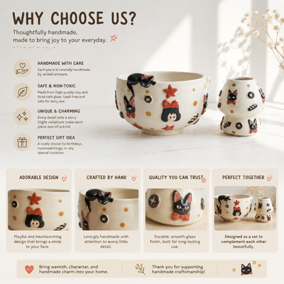 Kiki's Delivery Service 3D Handcrafted Ceramic Matcha Bowl and Jiji Whisk Holder Set • HX12