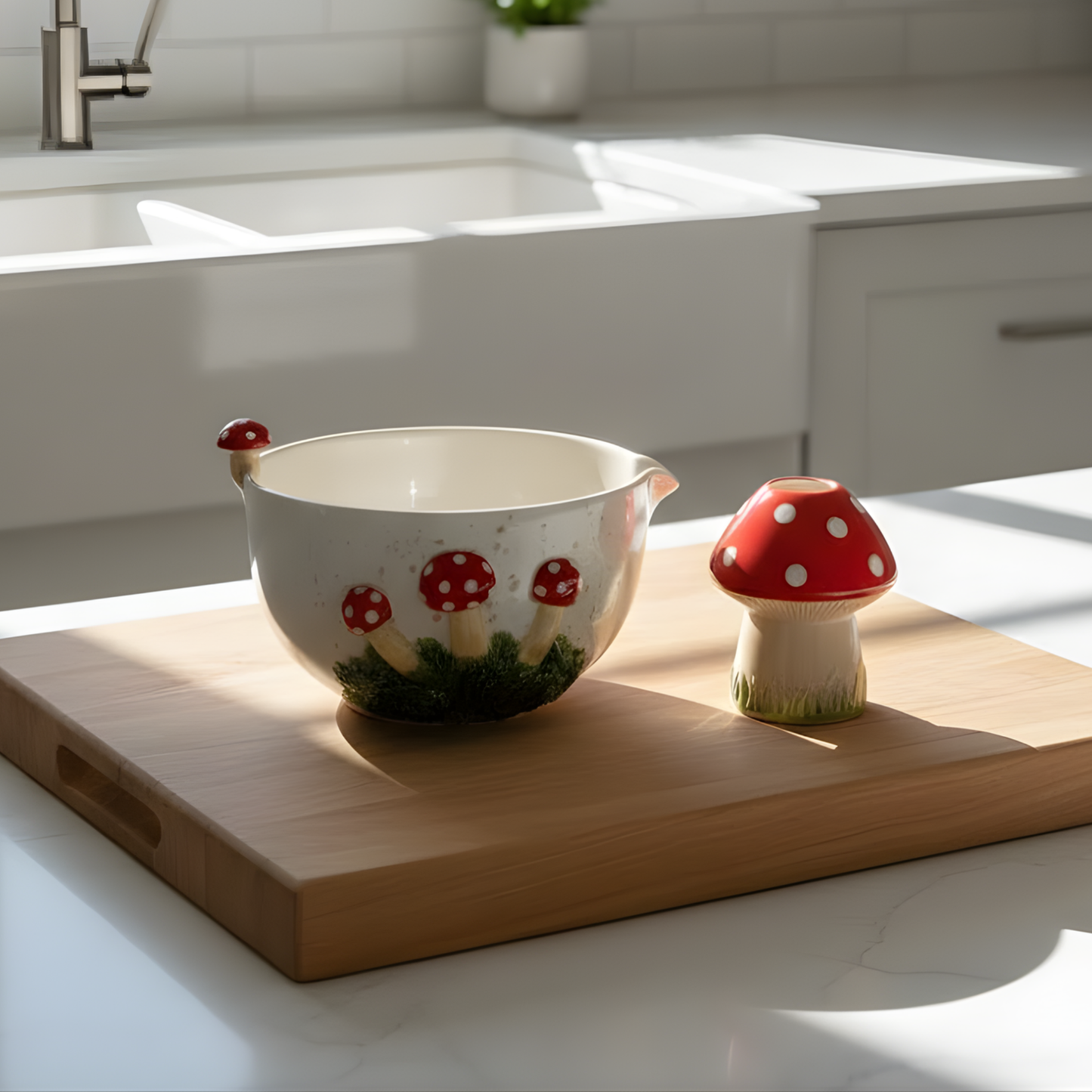 Handcrafted Mushroom Garden Ceramic Matcha Bowl and Whisk Holder Set • HX42