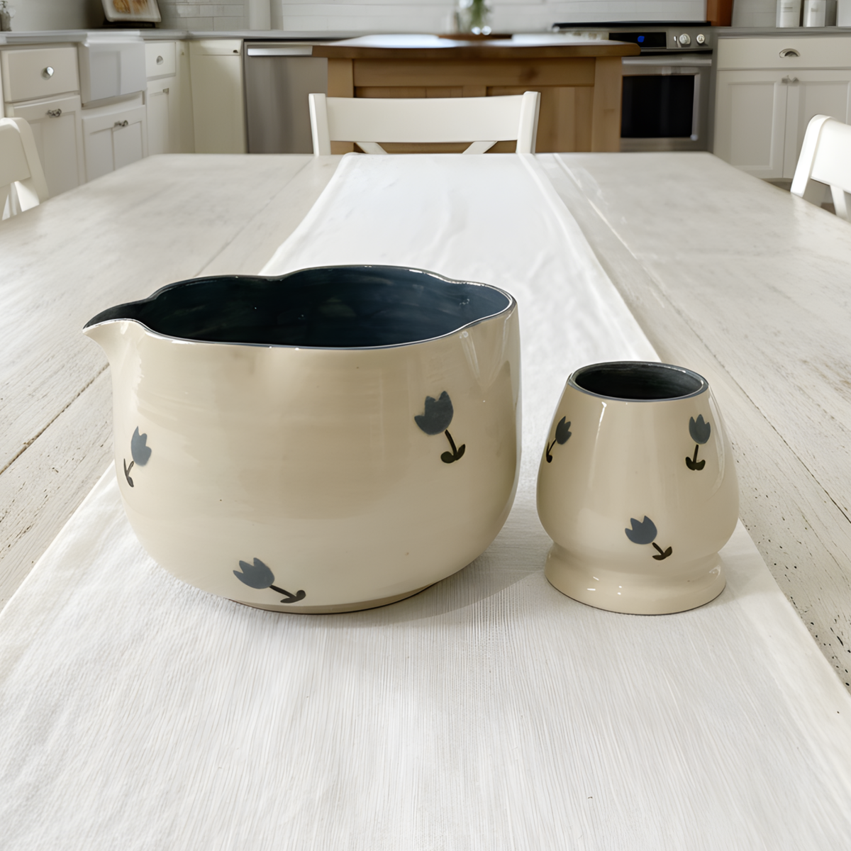 Handcrafted Blue Tulip Ceramic Matcha Set with Cup • HX49