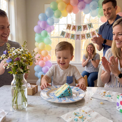 Personalized Birthday Plate – Blue Striped Cake & Sprinkles Design | B009