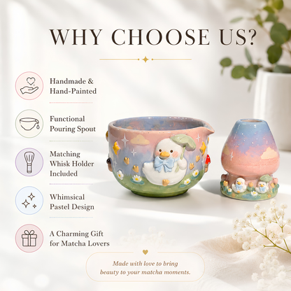 Cute Duck with Blue Bow 3D Ceramic Matcha Set, Handbuilt Duckling Matchawan and Whisk Holder • HX22