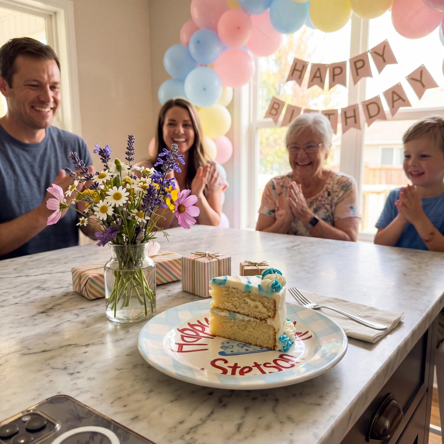 Personalized Birthday Plate – Blue Gingham Border & Blue Cake Design | B054