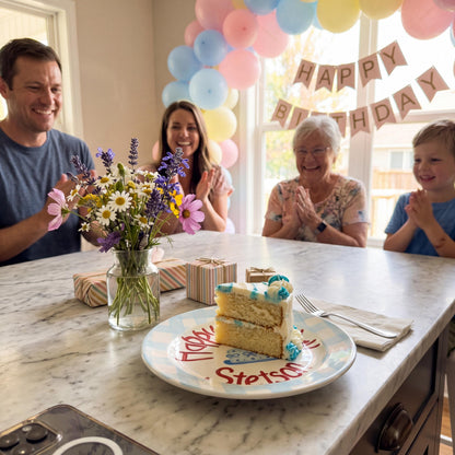 Personalized Birthday Plate – Blue Gingham Border & Blue Cake Design | B054