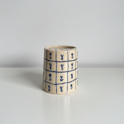 Handcrafted Ceramic Travel Mug with Built-in Lid, Minimalist Blue Grid Commuter Coffee Cup • HX09