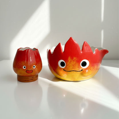 Ghibli Calcifer Fire 3D Handcrafted Ceramic Matcha Bowl and Totoro Whisk Holder Set • HX13