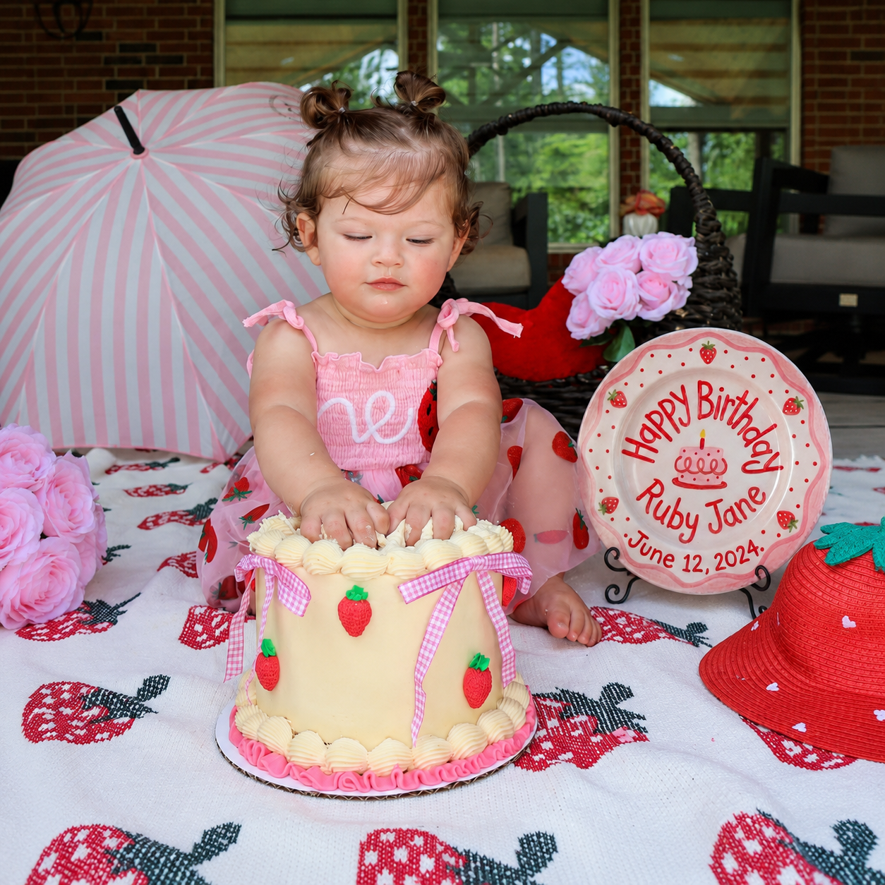Personalized Birthday Plate Girl, Custom Strawberry Scallop Plate, Hand Painted Ceramic Cake Plate, Heirloom Birthday Tradition Gift | B076