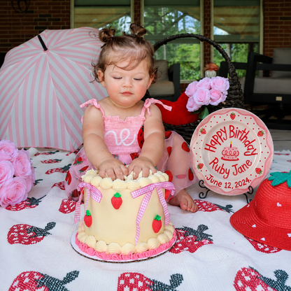 Personalized Birthday Plate Girl, Custom Strawberry Scallop Plate, Hand Painted Ceramic Cake Plate, Heirloom Birthday Tradition Gift | B076