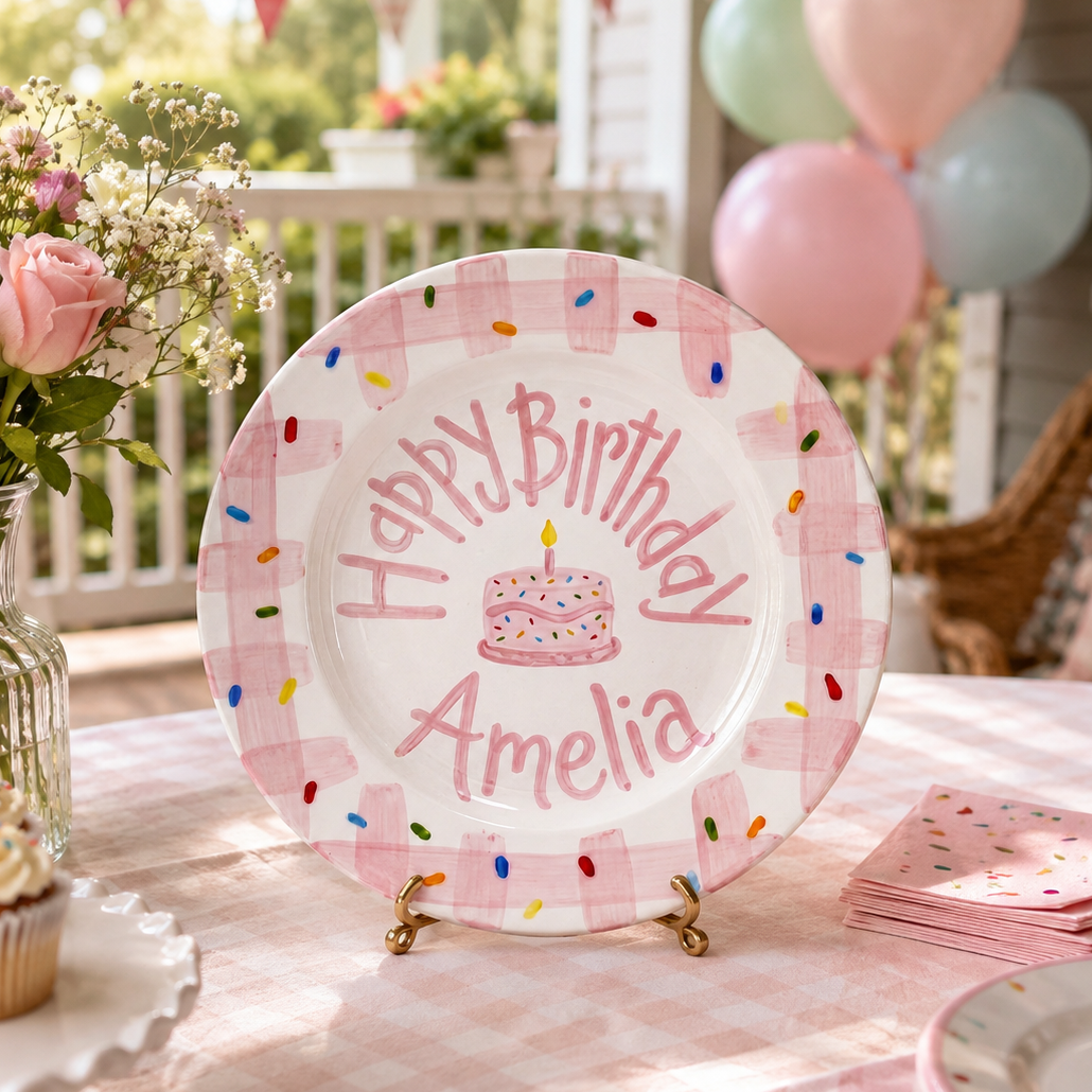 Custom Hand Painted Ceramic Birthday Plate, Pink Gingham Confetti Plate, Personalized Birthday Plate, First Birthday Gift Girl | B097