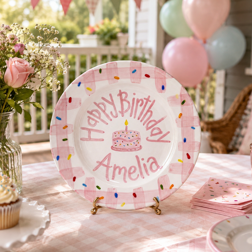 Custom Hand Painted Ceramic Birthday Plate, Pink Gingham Confetti Plate, Personalized Birthday Plate, First Birthday Gift Girl | B097