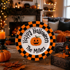 Custom Hand Painted Halloween Ceramic Plate, Orange Black Checkerboard Plate, Personalized Family Name Dish, Halloween Decor Keepsake | H004