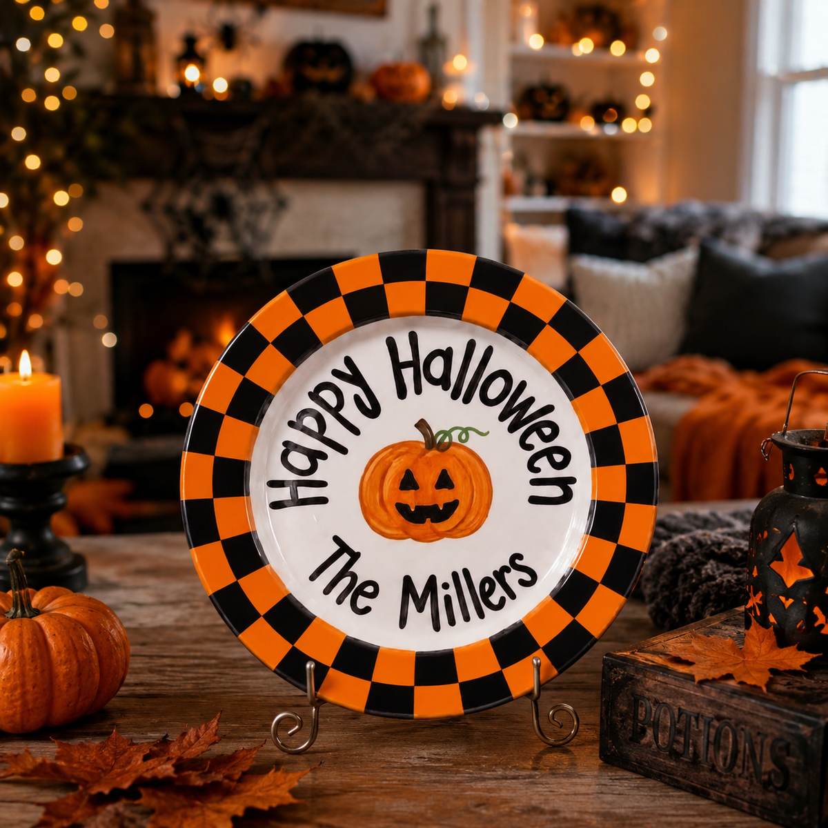 Personalized Halloween Plate, Custom Family Name Ceramic Plate, Orange Black Checkerboard Dish, Pumpkin Keepsake | H004