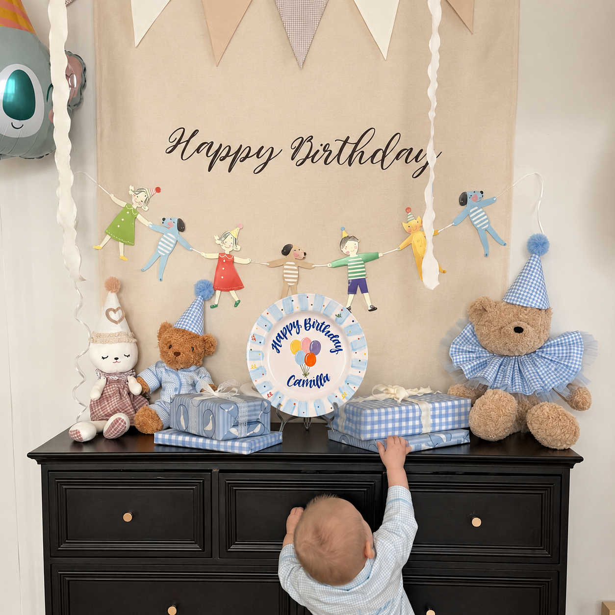Personalized Blue Birthday Plate, Custom Ceramic Birthday Dish, Light Blue Striped Balloon Plate, Kids Birthday Tradition Heirloom Keepsake | B007