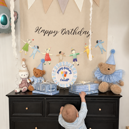 Personalized Blue Birthday Plate, Custom Ceramic Birthday Dish, Light Blue Striped Balloon Plate, Kids Birthday Tradition Heirloom Keepsake | B007