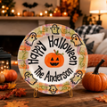 Custom Hand Painted Halloween Ceramic Plate, Plaid Ghost Pumpkin Plate, Personalized Family Name Dish, Halloween Decor Keepsake | H003