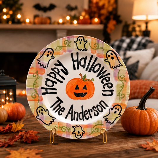 Custom Hand Painted Halloween Ceramic Plate, Plaid Ghost Pumpkin Plate, Personalized Family Name Dish, Halloween Decor Keepsake | H003