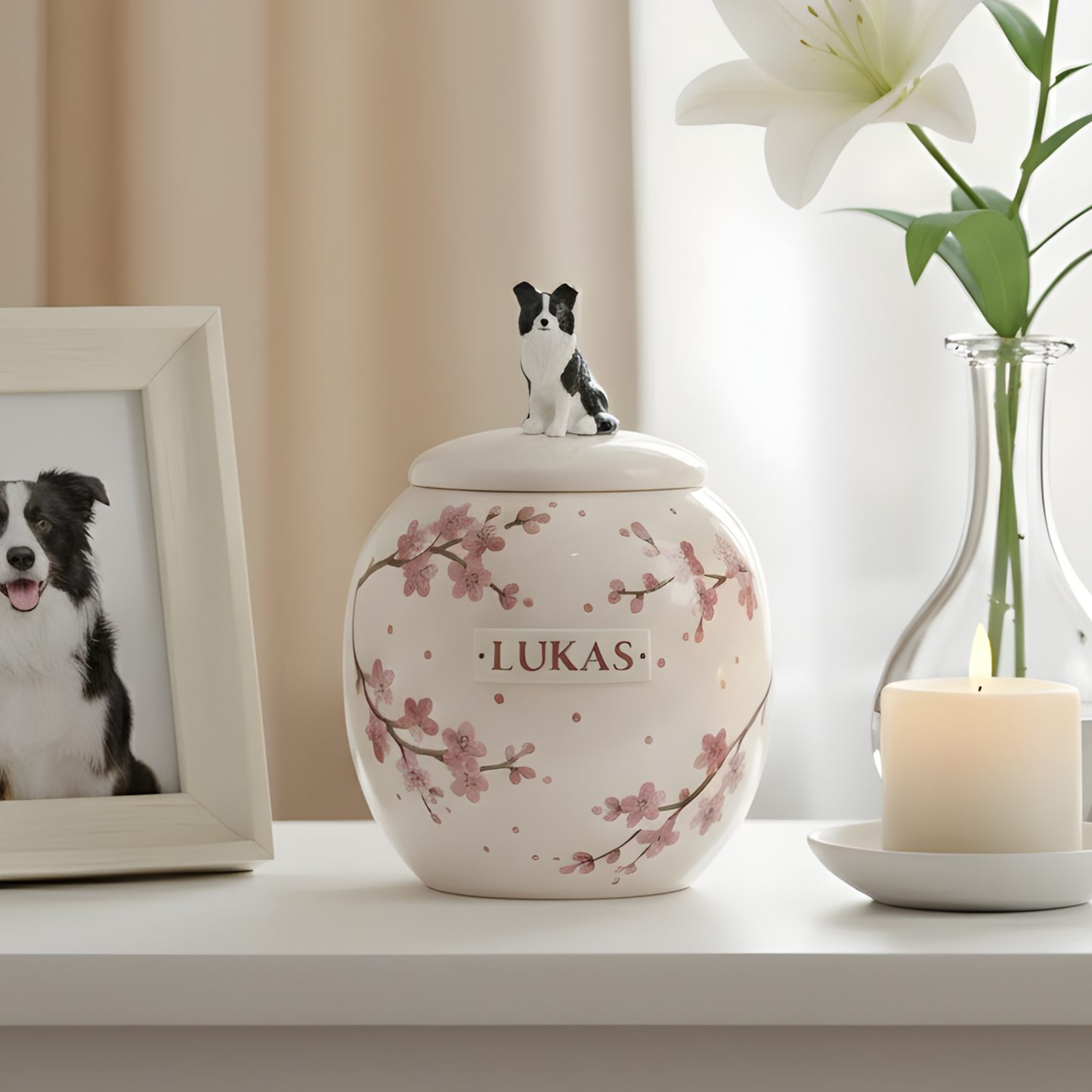 Pet urn With Cherry Blossom Pattern | Personalized Ceramic Keepsake | LA201