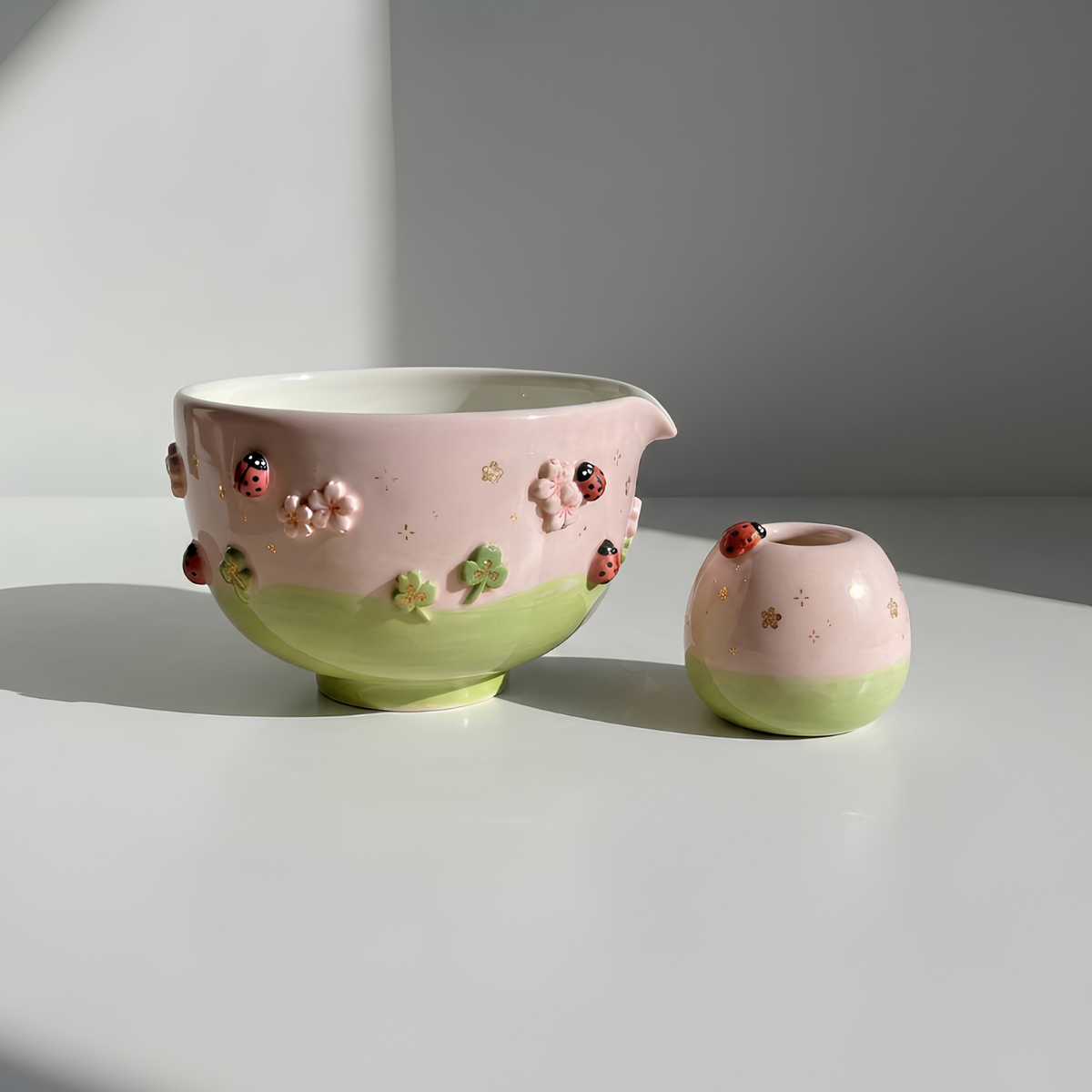 Handmade Ladybug Matcha Bowl Set, Cherry Blossom Ceramic Matcha Tea Set, LA05