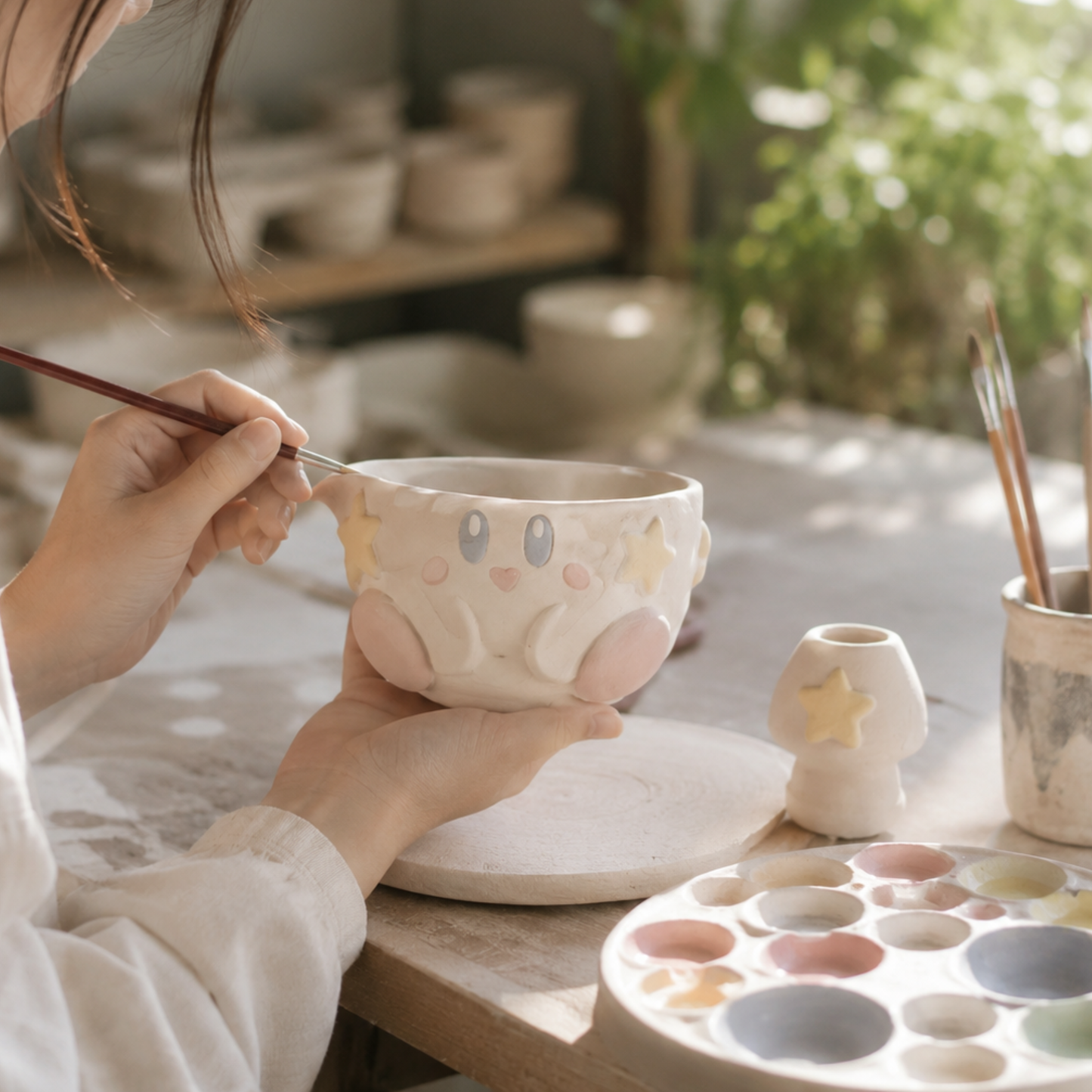 Kawaii Kirby 3D Handcrafted Ceramic Matcha Bowl and Warp Star Whisk Holder Set • HX14