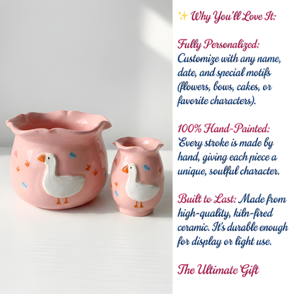 Cute White Duck Pink 3D Ceramic Matcha Bowl and Whisk Holder Set • HX01