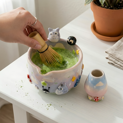 Totoro Matcha Bowl Set, Woodland Inspired Pottery, Anime Inspired Decor| Handmade Ceramic Chawan | LA023