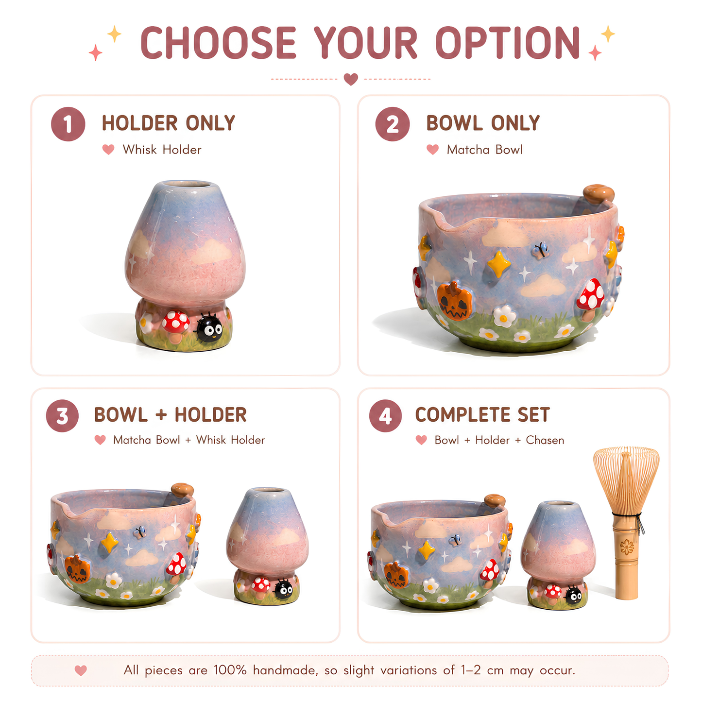 Fairytale Dream Mushroom & Whisk Holder 3D Handcrafted Ceramic Matcha Bowl Set • HX30
