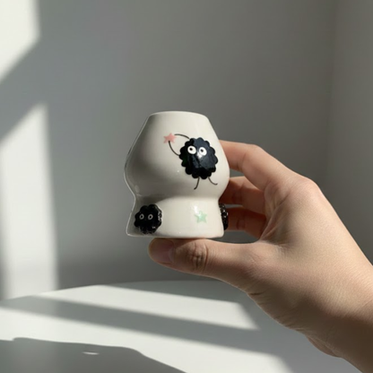 Spirited Away Susuwatari 3D Handcrafted Ceramic Matcha Bowl and Soot Sprite Whisk Holder Set • HX15