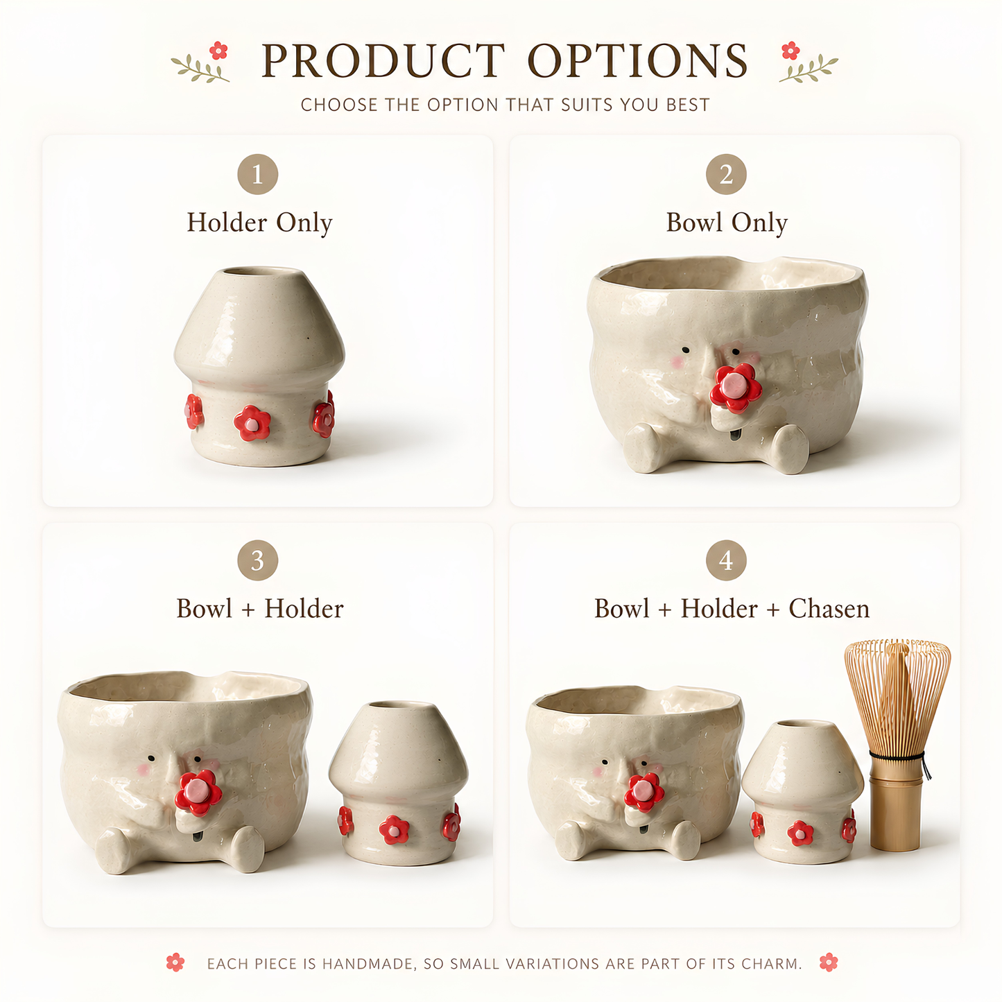 Handcrafted Flower Giving Creature Ceramic Matcha Bowl and Whisk Holder Set • HX44