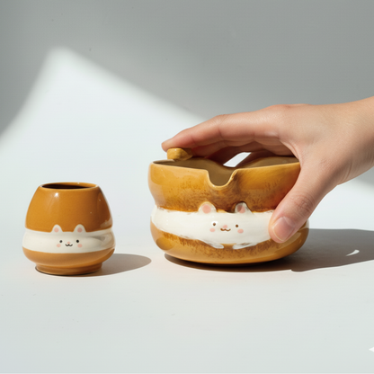 Handmade Cute Toast Bear Cream Sandwich Ceramic Matcha Bowl Set | Spouted Chawan & Whisk Holder • HX57