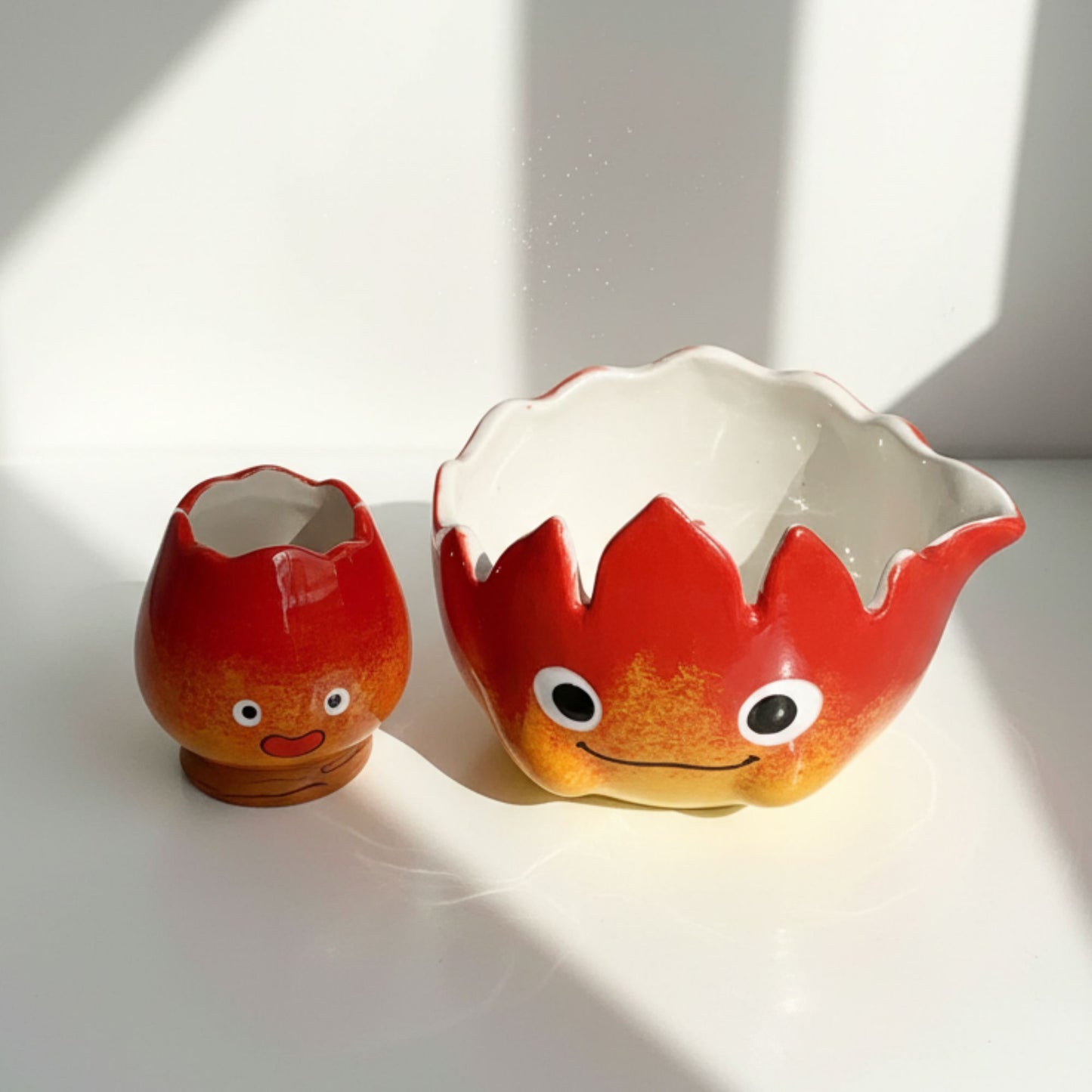 Ghibli Calcifer Fire 3D Handcrafted Ceramic Matcha Bowl and Totoro Whisk Holder Set • HX13