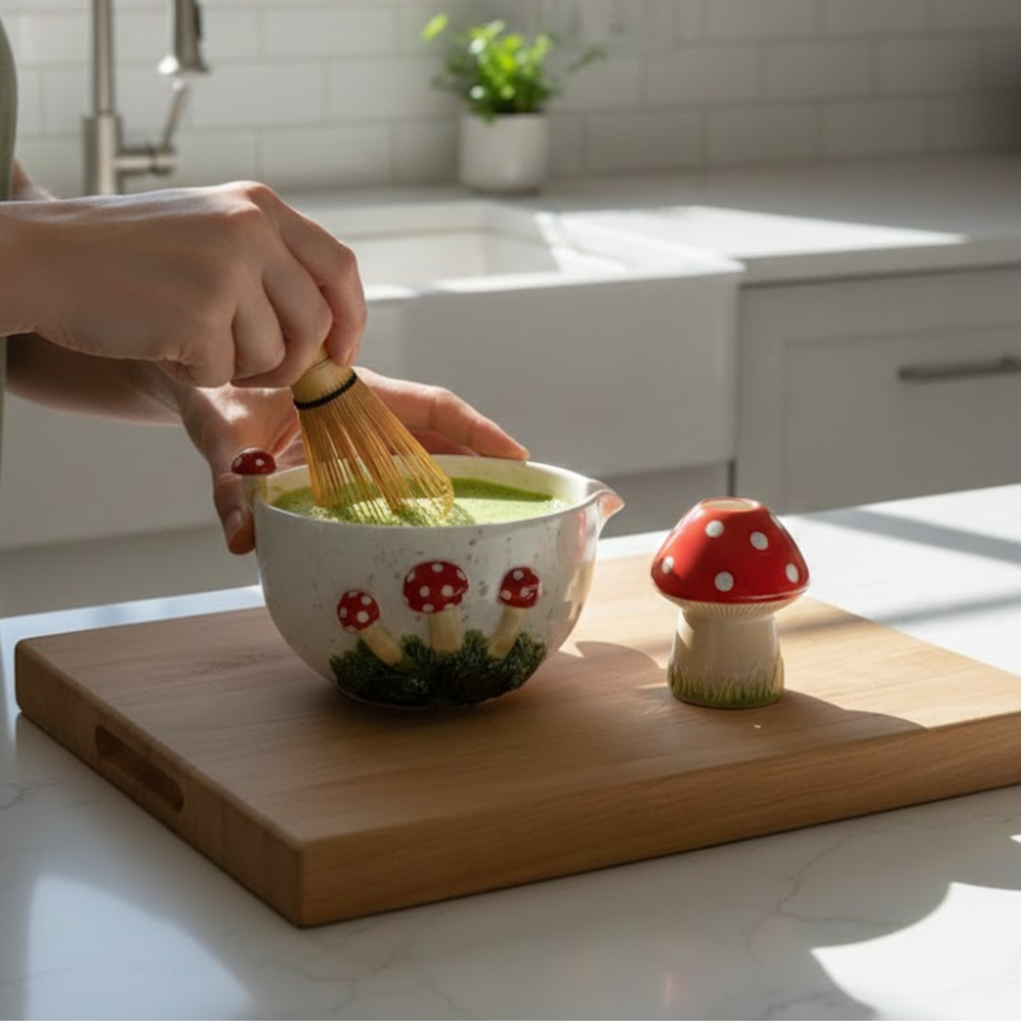 Handcrafted Mushroom Garden Ceramic Matcha Bowl and Whisk Holder Set • HX42