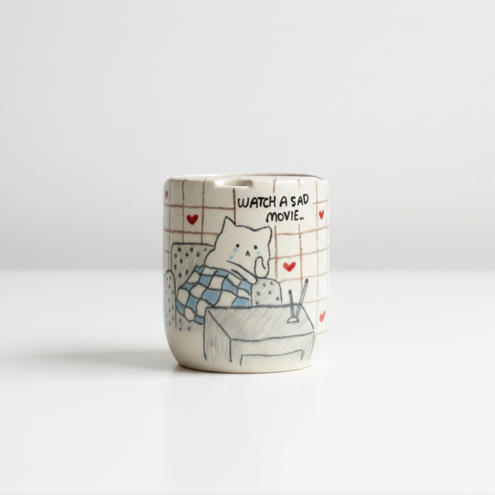 Handcrafted Ceramic Travel Mug with Built-in Lid, "Watch a Sad Movie" Cute Crying Cat Commuter Cup • HX23